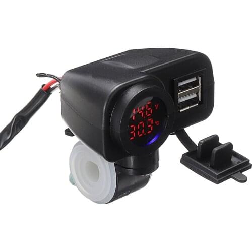 Mayitr 1pc 12V 15W Motorcycle Dual USB Charger Power Socket Adapter Red Voltage Temperature Display Waterproof Cover