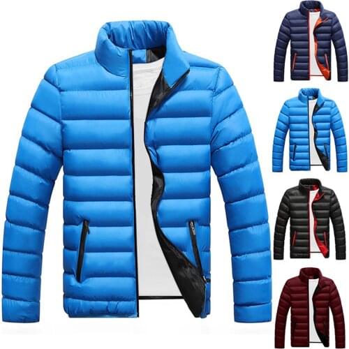Men Winter Jacket Warm Long Sleeve Stand Collar Cotton Padded Coat Outwear Mens Clothing solid colour high neck jacket