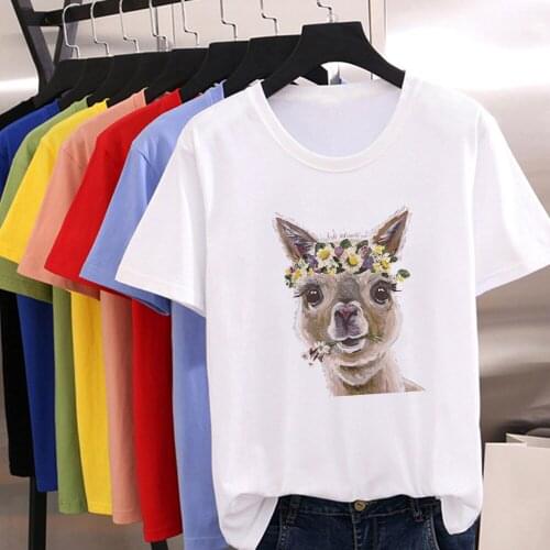 Refreshing Casual New T Shirt Women Kawaii Alpaca Wearing A Yellow Wreath Graphic T-shirt Comfortable Cartoon Loose T Shirt