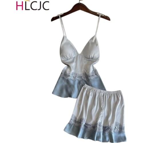 Pyjamas Women Lace Sexy Hollow Out Satin Pajama Suspender Sleepcoat Shorts Set Pijamas Women Nightdress Pajamas Satin Silk Suit