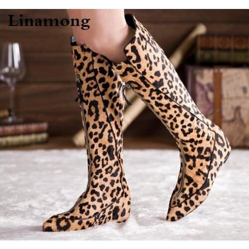Sexy Leopard Printing Zipper Woman Long Boots Height Increasing 4cm Heels Casual Boots Woman Sexy Pointed Toe Knee High Boots