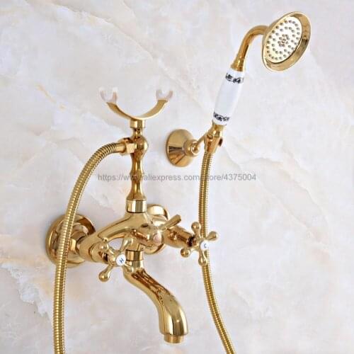 Bathtub Faucets Golden Brass Wall Mounted Bathtub Mixer Faucet Double Handle Tub Water Taps With Ceramic Handshower Nna951