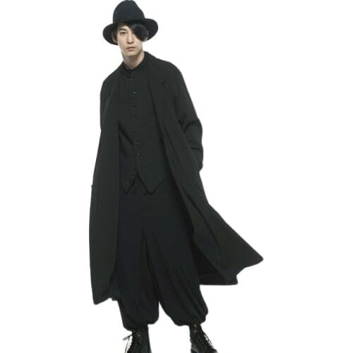 New Autumn Winter yamamoto-style dark long trench coat with adjustable chamfered buttonhole blended coat