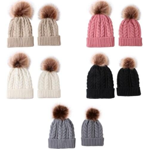Women Mother Daughter Matching Knitting Pom Beanies Bobble Hat Kids Adults Skullies Winter Warm Beanie Cap