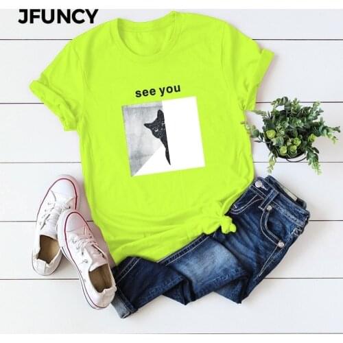 JFUNCY Plus Size New Cat Print T Shirt Women Shirts 100% Cotton Short Sleeve Woman Summer Tshirt Tops Female Funny T-shirts