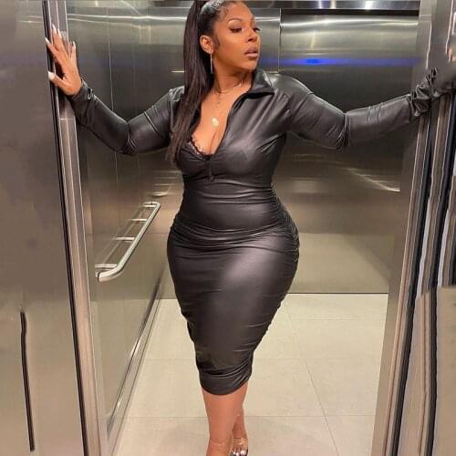 Plus Size Dresses Zipper Sexy Black Dress Clubwear Stretchy Leather Long Sleeve Midi Dress Bodycon Wholesale Dropshipping