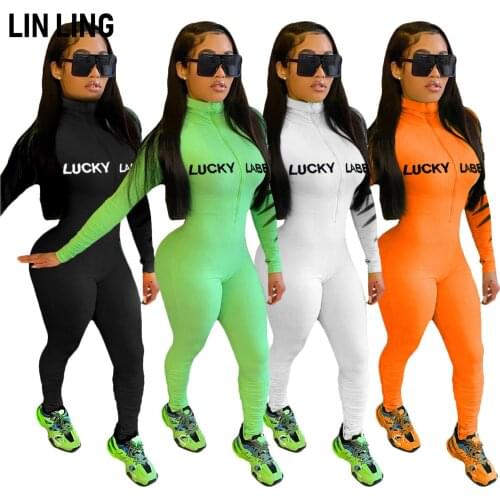 LINLING High Collar Zipper Solid Color Letter Embroidery Design Pit Strip Elastic Pencil Pants Fitness Routine Fashion Jumpsuit
