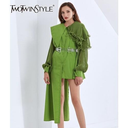 TWOTWINSTYLE Irregular Hem Dress For Women Asymmetrical Collar Lantern Long Sleeve High Waist Sashes Dresses Female 2020 Clothes