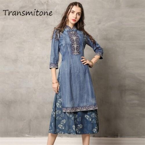 Summer Cheongsam Dress 2019 Denim Women Dresses Mandarin Collar 3/4 Sleeve Flower Embroidery Dress Vestidos 82136