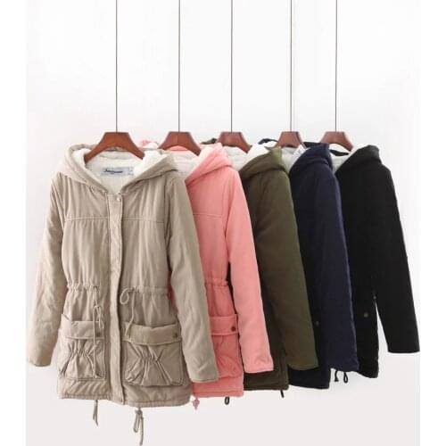 Women coat 2021 winter new Korean slim cashmere hooded double drawstring medium length cotton padded clothes