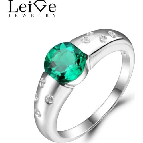 Leige Jewelry Rings Emerald Sterling Silver 925 Rings Women Wedding Engagement Fine Jewelry Round Cut Green Gemstone Gifts