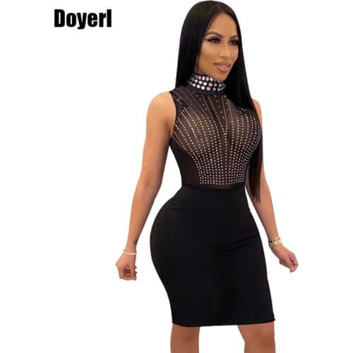 Sheer Mesh Rhinestone Dress Women Elegant Midi Bodycon Party Dress Autumn Summer See Through Glitter Sparkle Sexy Club Dresses