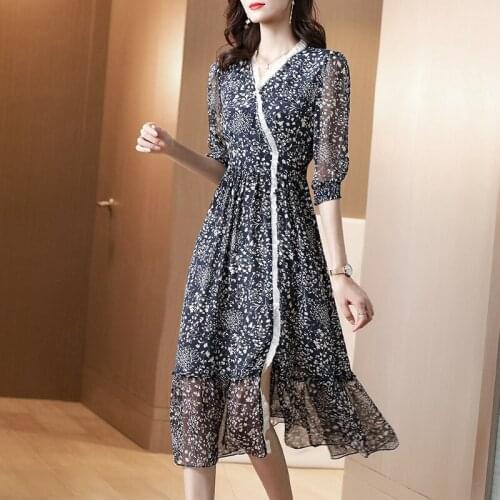 Silk floral dress womens mid long 2020 summer dress new waist slim print silk skirt