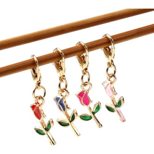 4pcs Enamel Rose Pendants Locking Stitch Markers Matel Flower Crochet Latch Knitting Tools Gold Color DIY Craft Marker Kits