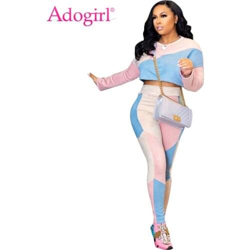 Adogirl Color Patchwork Suede Women Tracksuit Long Sleeve Crop T-shirt Top + Pencil Pants Casual Two Piece Set Female Outfits
