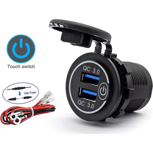 Car Dual USB Charger Socket Motorcycle Charger Quick Charge QC3.0 Waterproof Power Outlet With Touch Switch For Car Boat Motos