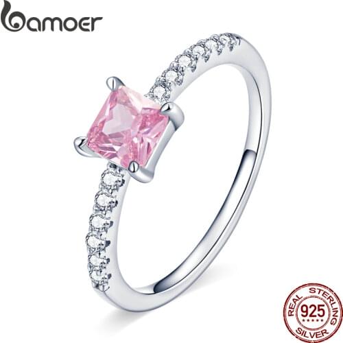 BAMOER Authentic 925 Sterling Silver Sakura Pink Square Crystal Zircon Halo Ring for Women Engagement Jewelry Finger Ring BSR191