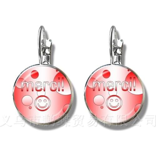Teachers' Day Glass Cabochon Merci Maitresse 16mm Glass Dome Earrings Jewlery Silver Plated Stud Earrings For Thanksgiving Gift