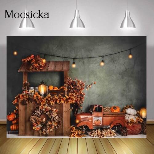 Autumn Thanksgiving Harvest Portrait Backdrop Pumpkin Stall Kids Birthday Art Background Vintage Truck Maple Leaf Photography