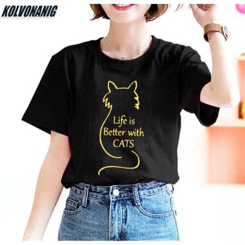 KOLVONANIG Life Is Better With Cats Funny T-Shirt Women Cotton O-Neck Short Sleeve Tees Cute Cat Fan Gift Female T Shirts Tops