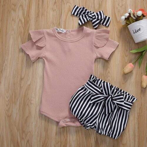 Newborn Baby Girls 3pcs Outfits Short Ruffled Sleeve Romper + Striped Short Bownot Trousers + Headband Solid Child Suits