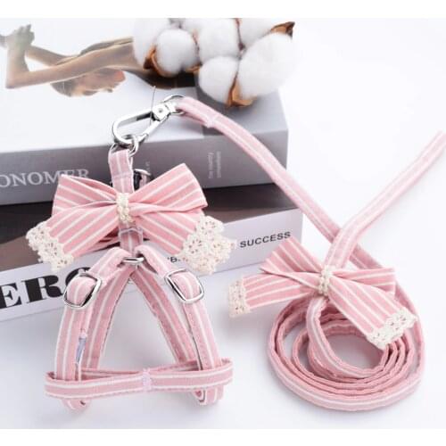 Pink Stripe Dog Collars And Harnesses Cotton Bows Girl Boy Pet Leash Set Outdoor Walking For Pitbull Chihuahua S M Accessories