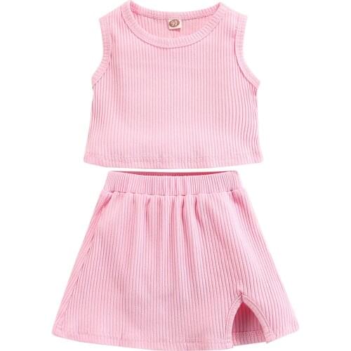 2 Pcs Infant Summer Outfits, Baby Girls Ribbed Round Neck Tank Tops + Slit Skirt
