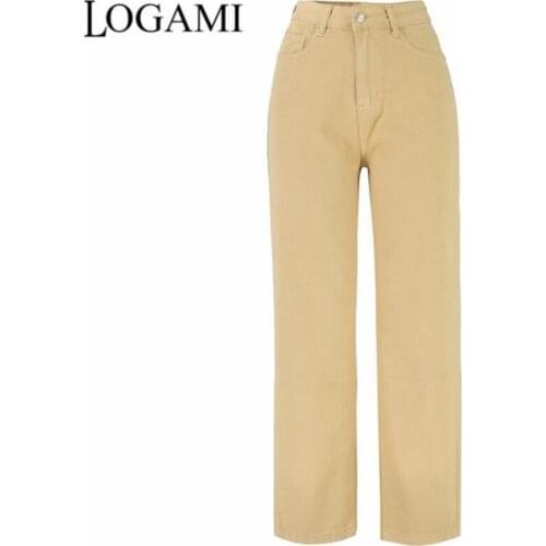 LOGAMI High Waist Loose Straight Jeans for Women Khaki Women Denim Trousers Casual Jeans