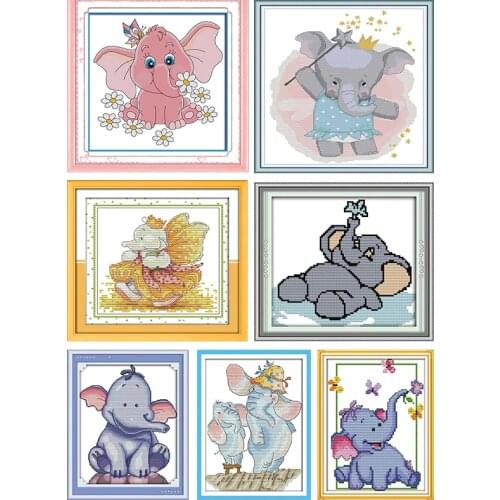 Cartoon Baby Elephant Counted Cross Stitch Kits 11CT14CT Animals Printed Pattern Craft Dmc Chinese Sewing Needlework Embroidery