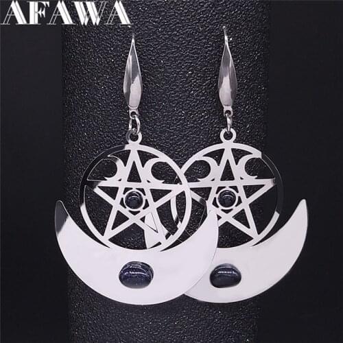 Natural Stone Stainless Steel Drop Earring Women Witchcraft Pentagram Moon Silver Color Dangle Earring Jewelry bijoux EXS03