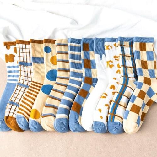 New Blue Long Socks Womans Socks Fashion Grid Stripe Inscription Soft Popular Harajuku Style Lovely Interesting Comfortable