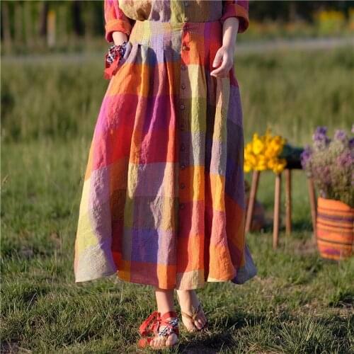 Pure Flax Yarn Dyed Colourful Lattice Waist Bouffancy Single Row Buckle Half-body Skirt Pleated Skirt 190728