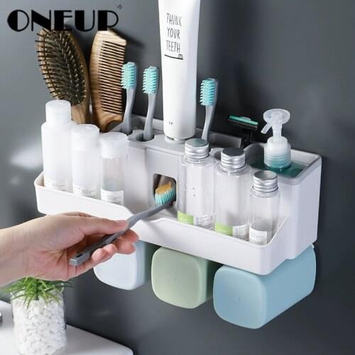 ONEUP Toothbrush Holder With Cups Bathroom Accessories Automatic Toothpaste Dispenser Set Toothbrush Holder Wall Mount Bathroom
