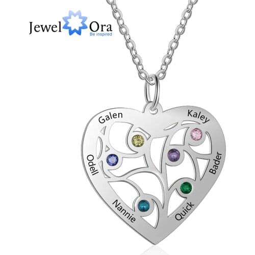 Personalized Tree of Life Heart Necklace with 6 Birthstones Engraved Family Names Stainless Steel Pendant Jewelry Gift(NE103181)
