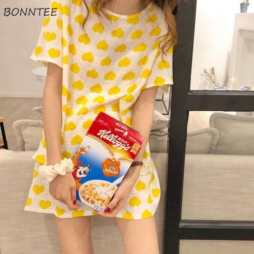 Pajama Sets Women Kawaii Heart Pattern Short Sleeve Summer Thin Comfortable Students Sweet Homewear Night Korean Style Female