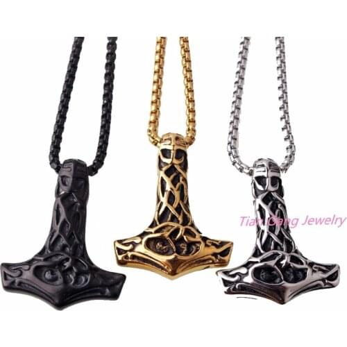 Silver Color Gold Black Thors Hammer Celtic Knot Myth Stainless Steel Pendant with Chain Necklace Punk Rock Music Free Shipping