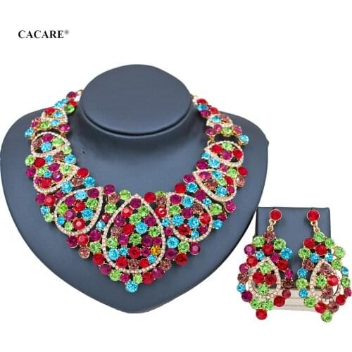 Luxury Jewelry Sets Women Big Necklace Earring Set Indian Jewellery Dubai Gold F1001 Rhinestone Party Jewels 6 Colors CACARE