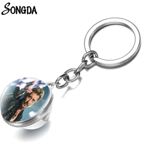 Rock Star Johnny Hallyday Keychain Punk Rock French Singer Art Picture Key Chain Handmade Glass Cabochon for Fan Souvenir