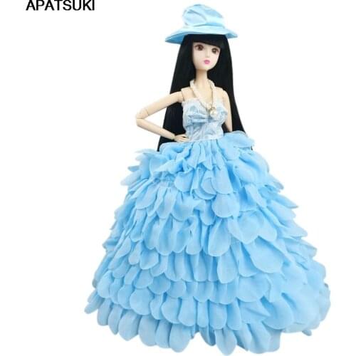 Blue Multi-layer Wedding Dress For Barbie Doll Outfits Clothes Princess Party Ball Long Gown Bridal Dresses Hat Accessories 1/6