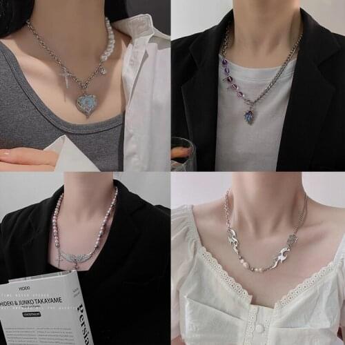 SOHOT Punk Chic Titanium Steel Heart Butterfly Pearl Zircon Moon Cross Flame Pendant Necklace Unisex Jewelry Party Drop Shipping