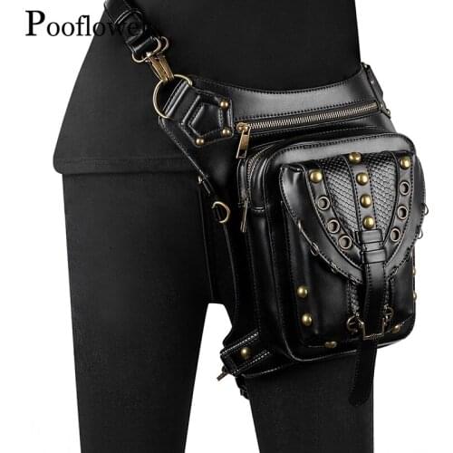 Pooflower Steampunk Gothic Men Waist Bag Unisex PU Leather Moto Crossbody Shoulder Bags Women Funny Packs Running Belt Bag ZH076