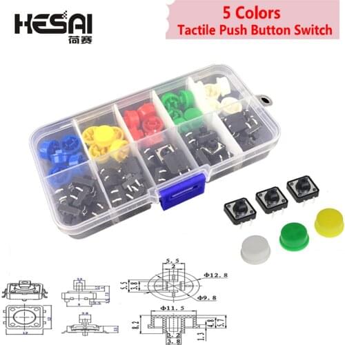 5 Colors 12*12*7.3MM Micro Switch Button Tact Cap Tactile Push Button Switch Momentary 25Pcs/Set