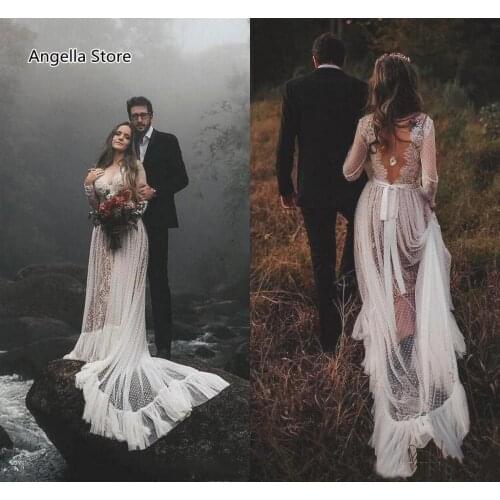 Vintage Rustic Country Dots Tulle Wedding Dress Sexy Backless Full Sleeve Long Train Bohemian Beach Bridal Gowns Lace Beads