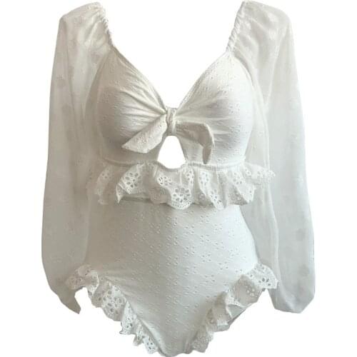 2021 new Korean ins wind swimsuit feminine halter back thin cover belly Siamese bubble sleeve hot spring bikini