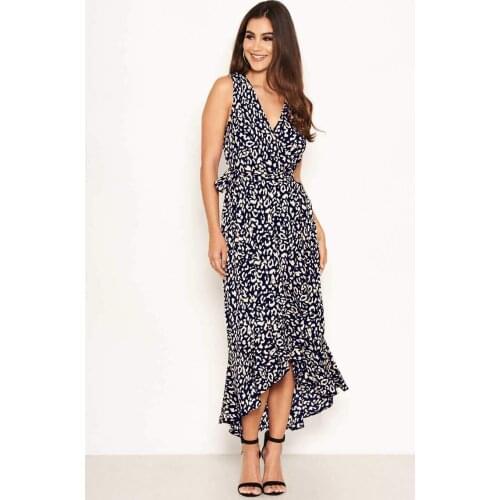 Womens Deep V-Neck Floral Leopard Print Short Skirt Sexy Ruffled Fashion Mini Dress