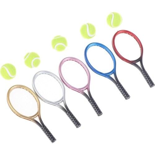 1Set 1/6 1/12 Dollhouse Miniature Children Garden Mini Tennis Racket & Ball Gift Doll House Dollhouse Accessory