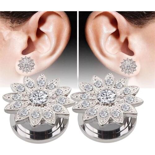 2PCS Stainless Steel Sunflower Ear Gauges Plugs Tunnels Screw Expansion Fashion Ear Stretched Piercing Fesh Tunnels Body Jewelry
