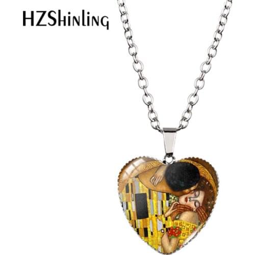 2021 New Gustav Klimt Kiss Pendant Necklace Golden Tears Glass Dome Photo Handmade Jewelry Heart Pendants Gift
