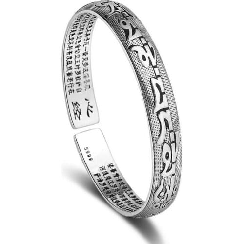 925 sterling silver new woman Buddhist scriptures bracelet mens classic retro six words mantra open bracelet jewelry