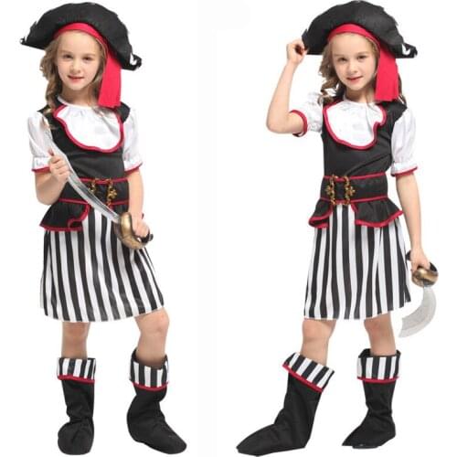 Umorden Black White Elegant Kids Child Corsair Pirate Costume for Girls Fantasia Halloween Purim Party Carnival Cosplay Dress